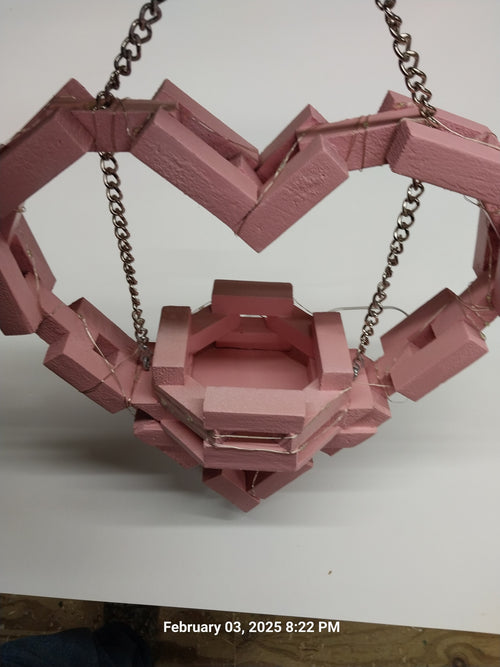 12" Hand made hanging wooden hearts with basket,