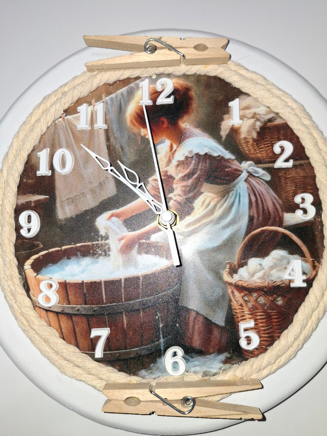 Wall Clock, Hand Made Wooden Clock, Laundry Room, 11" In Diameter