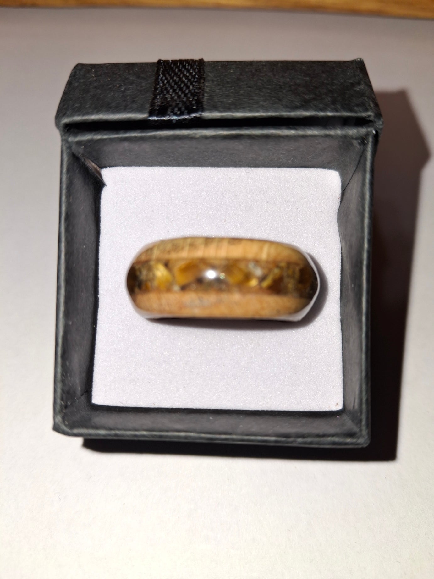 Zebra Wood With Amber Crushed Stone. Ring Size 9.5