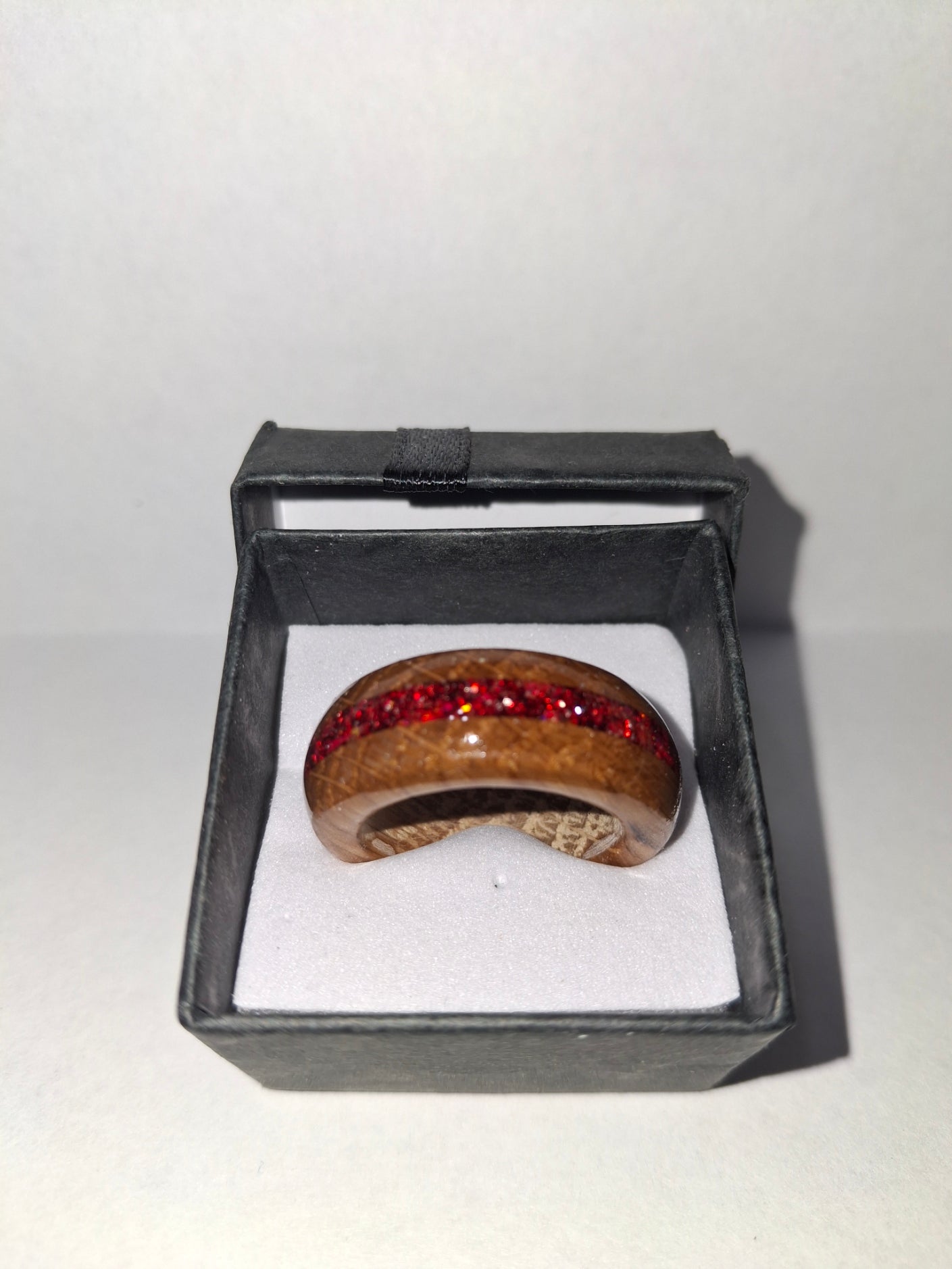 Wooden Ring Made From Whisky Barrel Wood With Red Inlay. Size 9