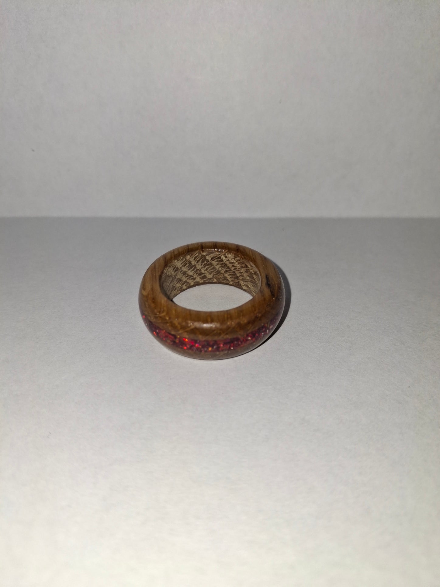 Wooden Ring Made From Whisky Barrel Wood With Red Inlay. Size 9