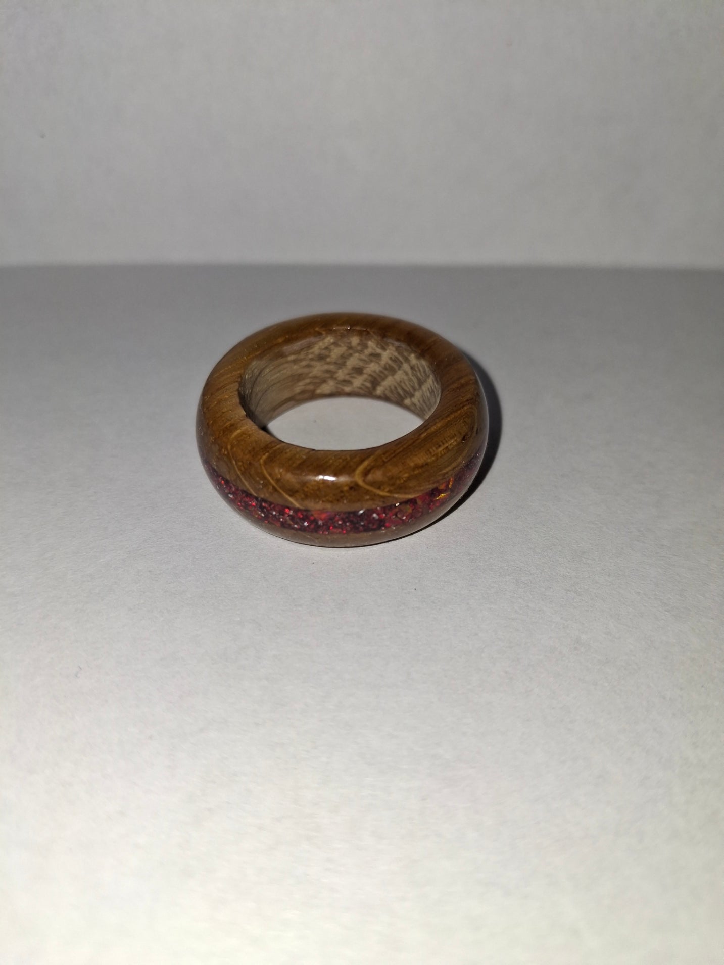 Wooden Ring Made From Whisky Barrel Wood With Red Inlay. Size 9