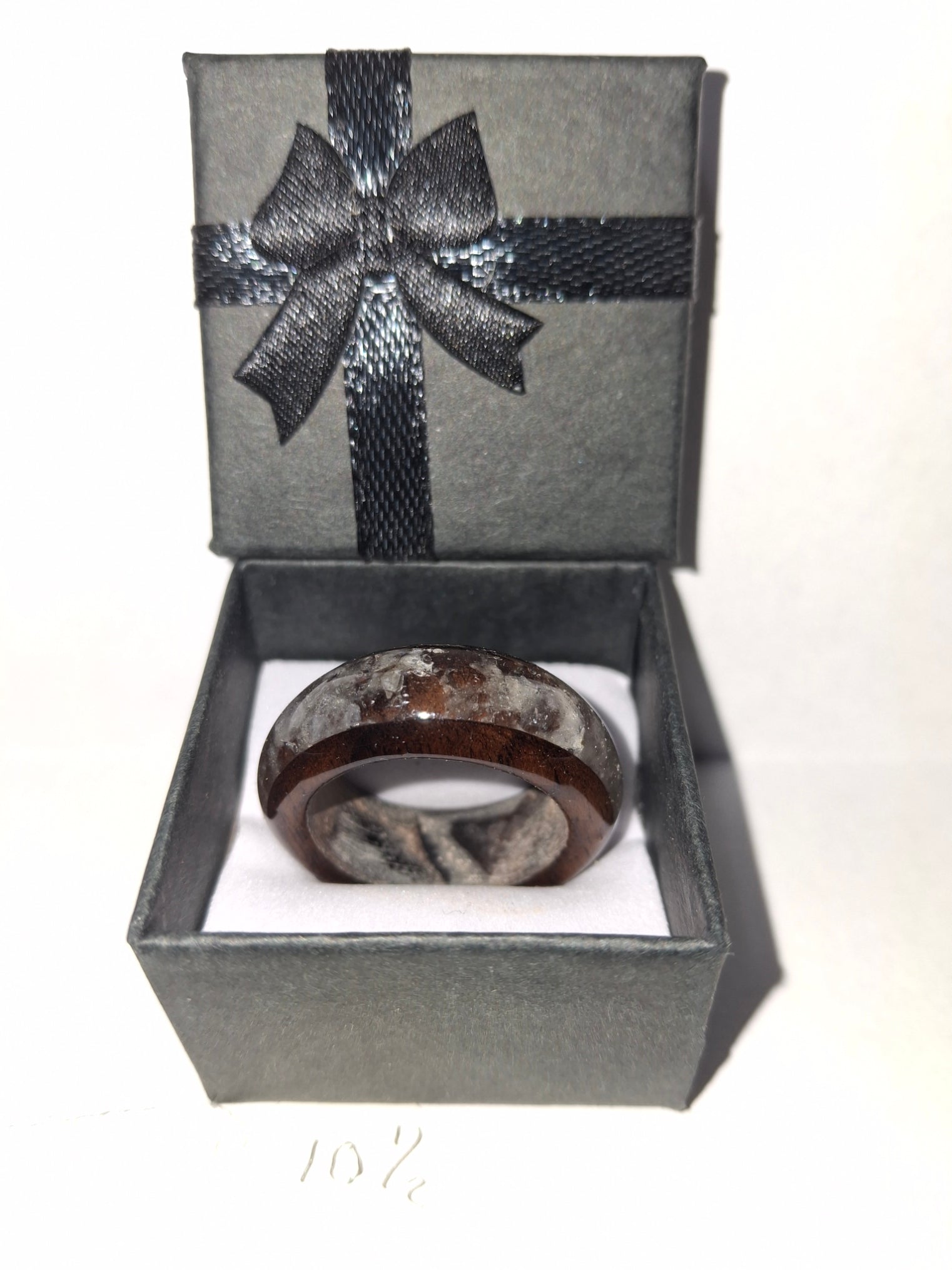 Wooden Ring Made From Whisky Barrel Wood With White/Clear Stone Inlay. Size 10.5