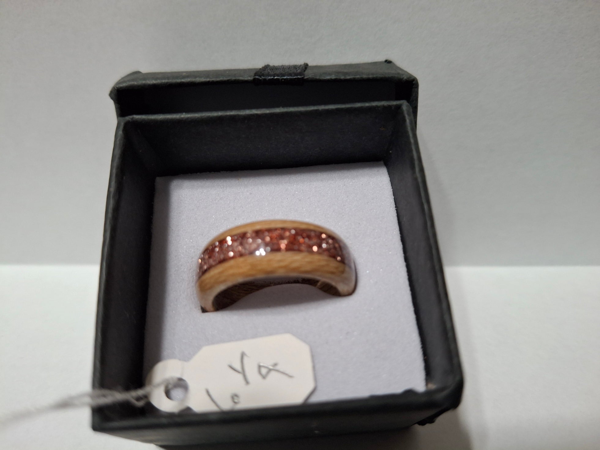 Maple Wood and Rose Glitter. Handmade Ring. Size 6.250
